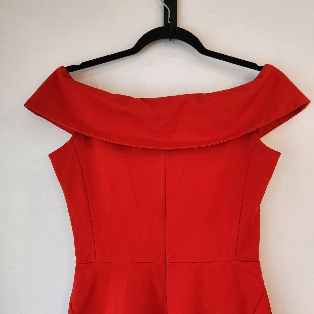 Zara Basic Off-Shoulder Red Midi Cocktail Dress Stretch Ponte Knit Christmas S - Picture 5 of 9